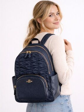 COACH  Court Ruched Nylon Leather Backpack Women’s Navy Travel Bag